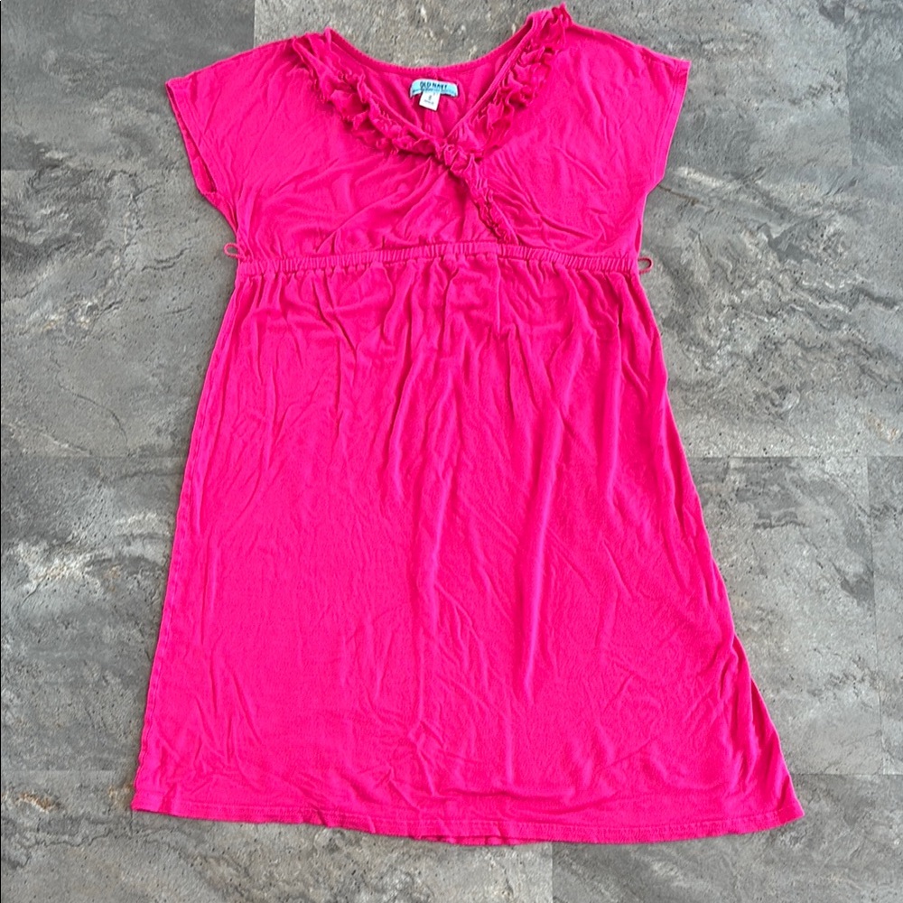 Old Navy Maternity Bright Pink Short Sleeve Midi Dress, Ruffle Collar, Size M